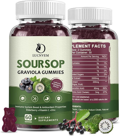 Soursop Graviola Gummies with Elderberry, Soursop Leaves with Elderberry Extract Rich in Multivitamin for Natural Antioxidant, Cell Support & Regeneration, Immune Boost & Skin - 30 Day Supply