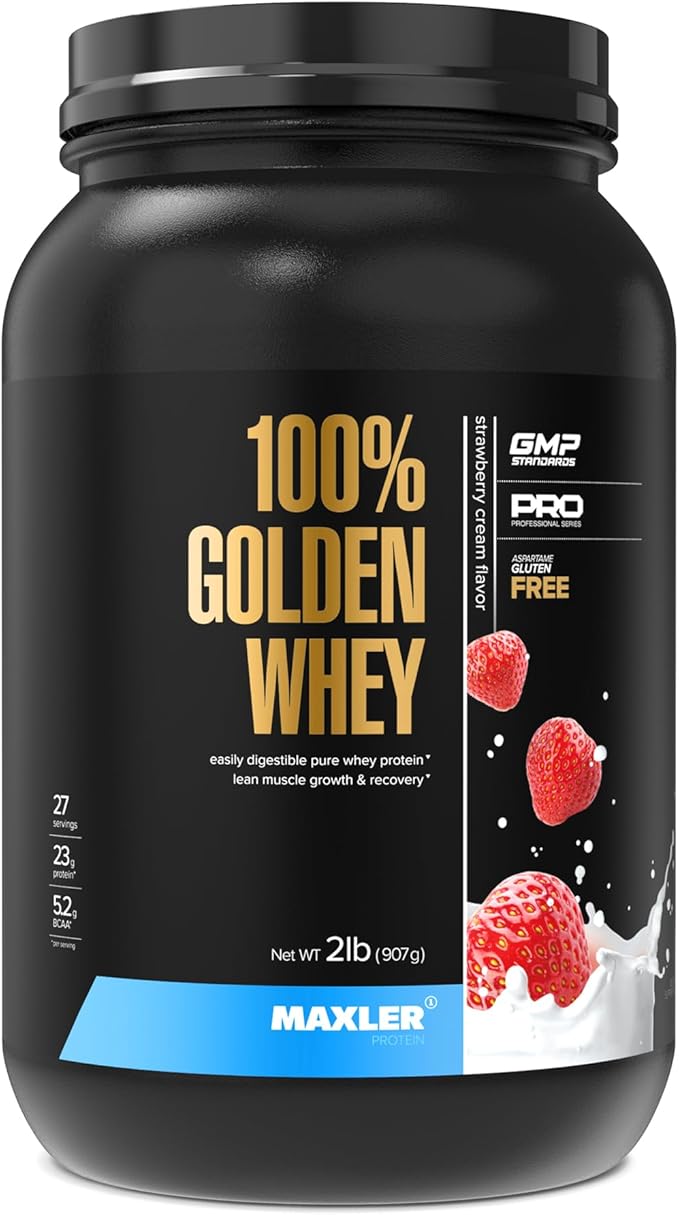 Maxler 100% Golden Whey Protein - 23g of Premium Whey Protein Powder per Serving - Pre, Post & Intra Workout - Fast-Absorbing Whey Hydrolysate, Isolate & Concentrate Blend - Strawberry Cream 2 lbs