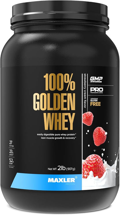 Maxler 100% Golden Whey Protein - 23g of Premium Whey Protein Powder per Serving - Pre, Post & Intra Workout - Fast-Absorbing Whey Hydrolysate, Isolate & Concentrate Blend - Strawberry Cream 2 lbs