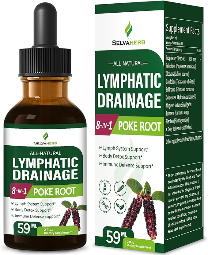 Lymphatic Drainage Drops for Lymph System Support, Body Detox & Immune Defense Support Herbal Supplements with Poke Root(Phytolacca Americana) Cleavers Dandelion Echinacea Extract. 2oz