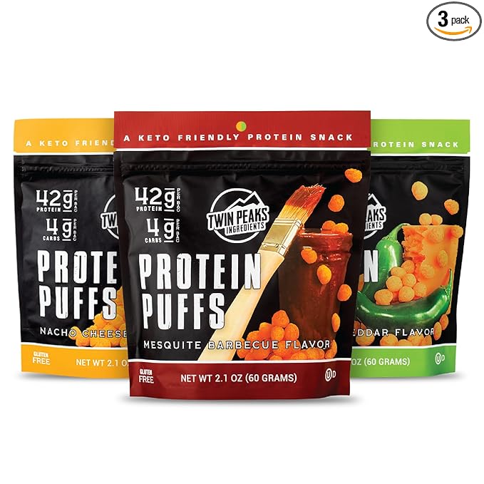 Twin Peaks Ingredients Low Carb, Keto Friendly Protein Puffs, (Variety Pack, 2.1 Ounce), 2 Servings, 3 Pack (60g, 42g Protein, 4g Carbs)