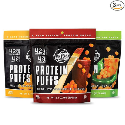 Twin Peaks Ingredients Low Carb, Keto Friendly Protein Puffs, (Variety Pack, 2.1 Ounce), 2 Servings, 3 Pack (60g, 42g Protein, 4g Carbs)
