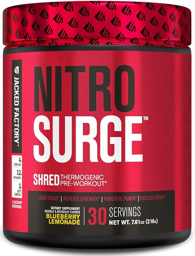 Jacked Factory NITROSURGE Shred Pre Workout Supplement - Energy Booster, Instant Strength Gains, Sharp Focus, Powerful Pumps - Nitric Oxide Booster & PreWorkout Powder - 30Sv, Blueberry Lemonade