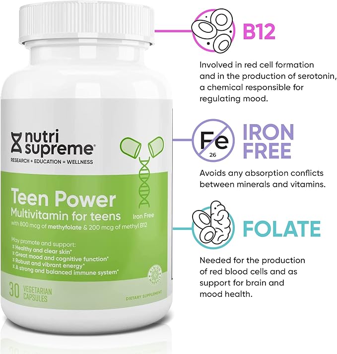 Nutri Supreme Teen Multivitamin for Boys and Girls 12-17, Best Kosher One Per Day Teen Vitamins, Formulated for Teen Development and Immune Health, 30 Capsules