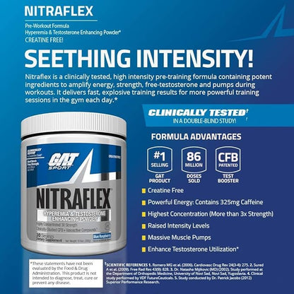 GAT SPORT Nitraflex Advanced Pre-Workout Powder, Increases Blood Flow, Boosts Strength and Energy, Improves Exercise Performance, (Blue Raspberry, 30 Servings)