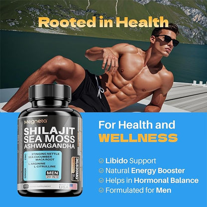 Shilajit 6,000mg for Men with Sea Moss 6,000mg Ashwagandha 3,000mg L-Arginine 3000MG, Boost Energy, 60 Capsules