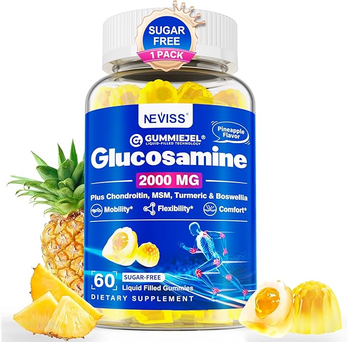Sugar Free Glucosamine Chondroitin MSM Filled Gummies 3100mg - Joint Support Supplement - Plus Turmeric, Boswellia, Hyaluronic Acid & Vitamin D3, Mobility, Comfort, Flexibility & Bone Support, 60Cts