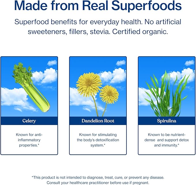 Sunwink Detox Powdered Greens - Organic Greens SuperFood Powder for Debloat - Super Greens Powder w/Celery, Dandelion, Spirulina - Daily Greens Powder for Gentle Detox - 4.2 oz (20 Servings)