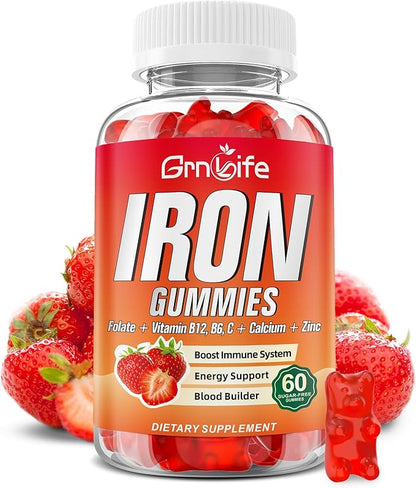 Iron Gummies for Women, Men & Kids, Sugar Free Iron Supplement with Calcium, Zinc, Folate & Vitamin B12, C, B6 - for Blood Building & Energy Support, Anemia, Strawberry, 60 Count
