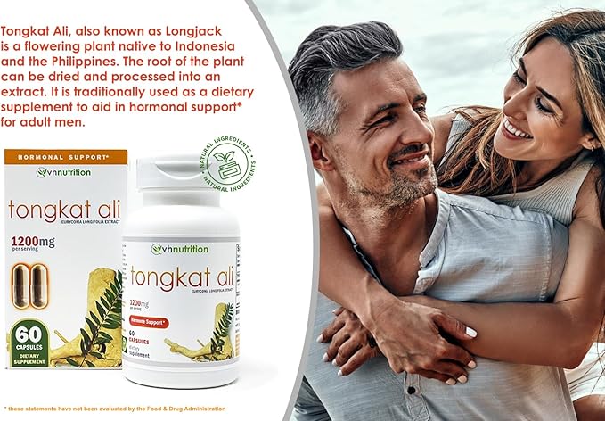 VH Nutrition TONGKAT ALI | Extra Strength Hormone Support for Men* | 200 to 1 Blend Standardized Eurycoma Longifolia (LongJack) Extract Powder | 60 Capsules