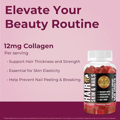 Grab The Gold Hair Skin & Nails Gummies Vitamins with 6000mcg Biotin + Collagen + 10 Vitamins & Minerals, Gluten-Free, Passion Fruit Flavor (1 Bottle = 1 Month Supply)