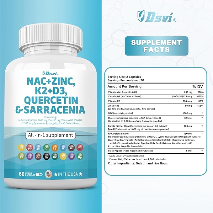 NAC Supplement N-Acetyl Cysteine 1000mg Vitamin D3 K2 Zinc Quercetin 1000mg Sarracenia Purpurea 1000mg with Elderberry Holy Basil Bee Propolis Bromelain L-Lysine for Men and Women,60 Count