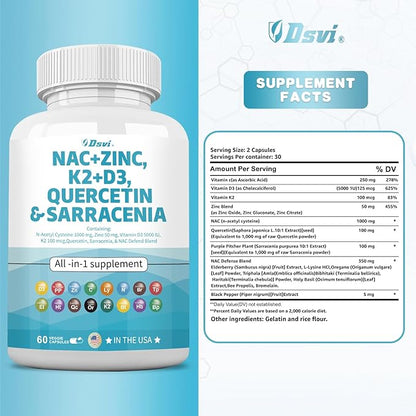 NAC Supplement N-Acetyl Cysteine 1000mg Vitamin D3 K2 Zinc Quercetin 1000mg Sarracenia Purpurea 1000mg with Elderberry Holy Basil Bee Propolis Bromelain L-Lysine for Men and Women,60 Count