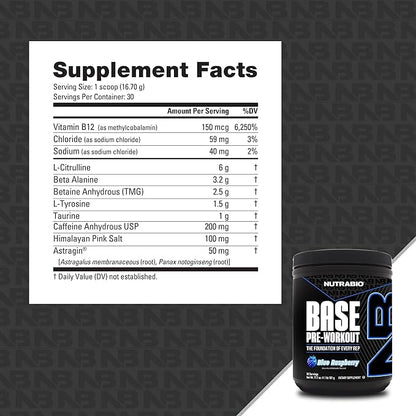 NutraBio Base Pre-Workout Sports Nutrition Powder - Sustained Energy, Mental Focus, Endurance, Hydration - Preworkout for Men and Women - Increase Energy- 30 Servings - Blue Raspberry