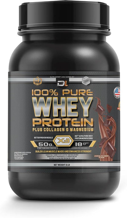DL 100% Pure Whey Protein + Collagen + Magnesium | 43g. Protein & Essential BCAA´s | Muscle Gain, Recovery & Nutrient delivery | Low Fat Protein | Quik & Easy Mixing | 2.20lb (1KG, Chocolate)