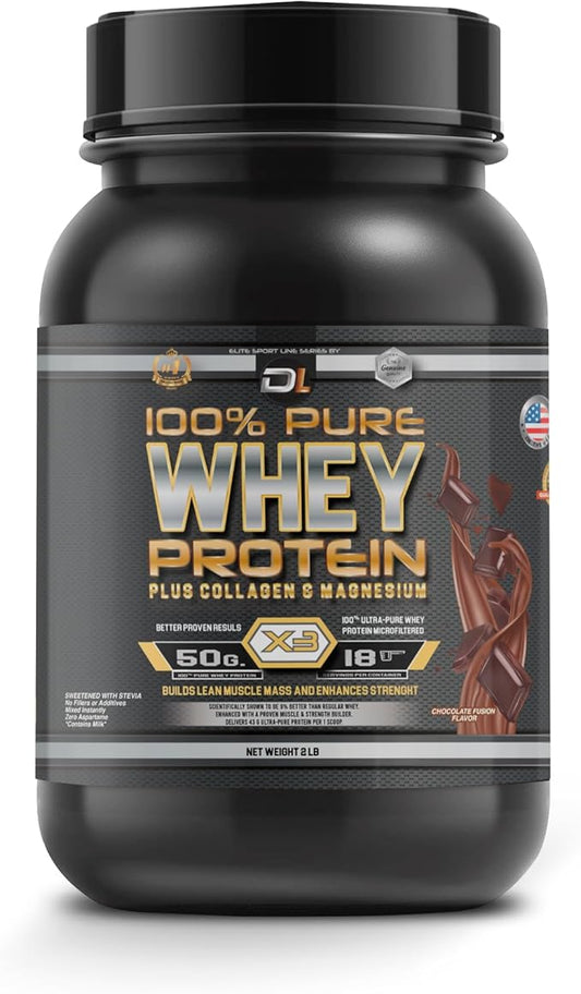 DL 100% Pure Whey Protein + Collagen + Magnesium | 43g. Protein & Essential BCAA´s | Muscle Gain, Recovery & Nutrient delivery | Low Fat Protein | Quik & Easy Mixing | 2.20lb (1KG, Chocolate)
