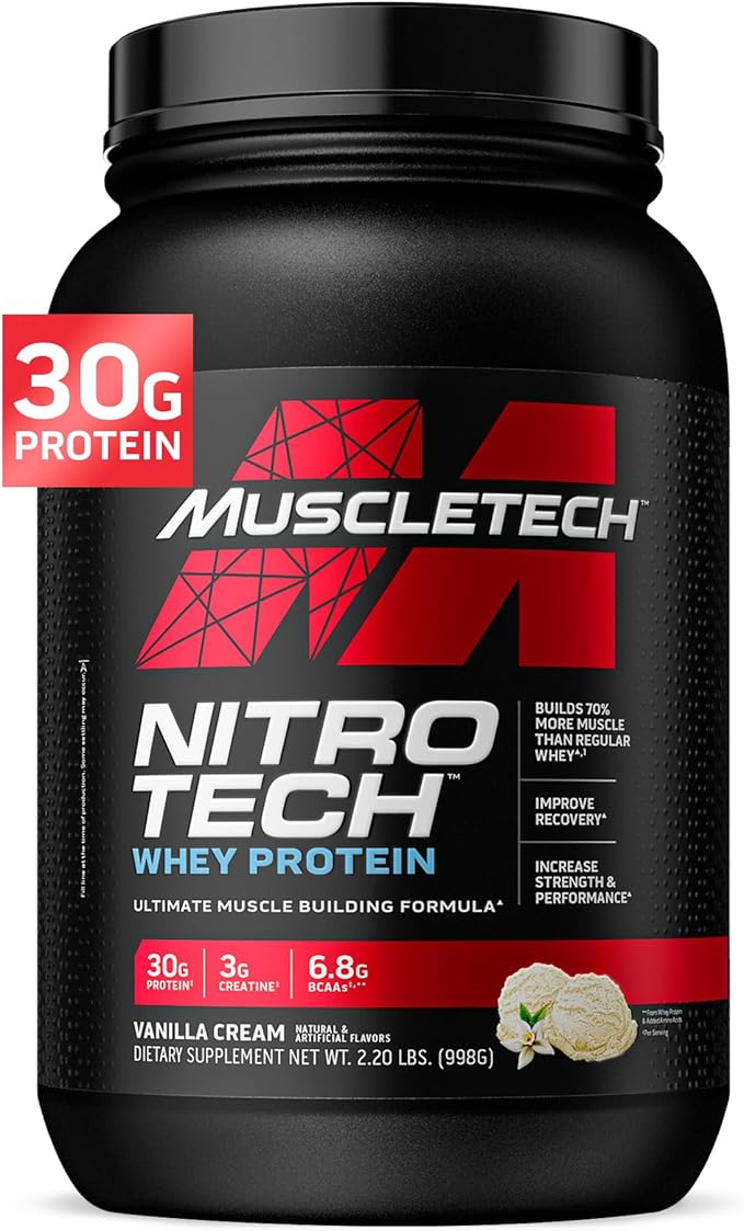 Muscletech Whey Protein Powder (Vanilla Cream, 2.2 Pound) - Nitro-Tech Muscle Building Formula with Whey Protein Isolate & Peptides - 30g of Protein, 3g of Creatine & 6.6g of BCAA