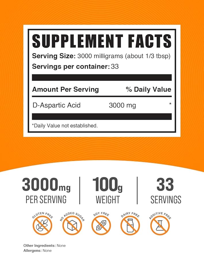 BulkSupplements.com D-Aspartic Acid Powder - DAA Supplement for Men & Women, D-Aspartic Acid 3000mg - Unflavored & Gluten Free, 3000mg per Serving, 100g (3.5 oz) (Pack of 1)