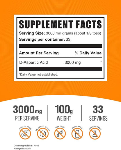 BulkSupplements.com D-Aspartic Acid Powder - DAA Supplement for Men & Women, D-Aspartic Acid 3000mg - Unflavored & Gluten Free, 3000mg per Serving, 100g (3.5 oz) (Pack of 1)