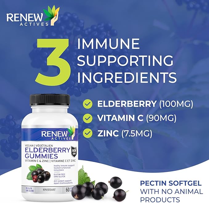 Renew Actives Vegan Elderberry Gummies with Vitamin C & Zinc - Antioxidants for Immune Function & Healthy Development of Bones, Cartilage, Hair, Nails, and Skin - 60 Gummies