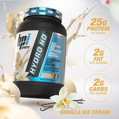 BPI Sports Hydro HD - 100% Hydrolyzed Whey Protein Powder - Muscle Growth, Recovery, 25g of Protein, Low Carb, Low Sugar, Fast Absorbing (23 Servings, Vanilla Ice Cream)