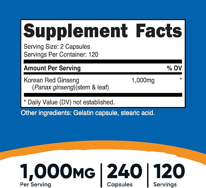 Nutricost Korean Ginseng 1000mg Serving, 240 Capsules - 1000mg Potent Serving Size, 500mg Per Capsule - Korean Red Ginseng - Gluten Free & Non-GMO