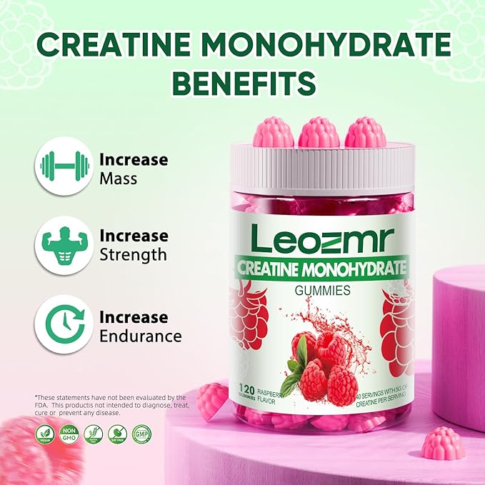Creatine Monohydrate Gummies for Men & Women-5g of Creatine Monohydrate per Serving - Sugar Free,Vegan, Raspberry Flavor, 120 Count