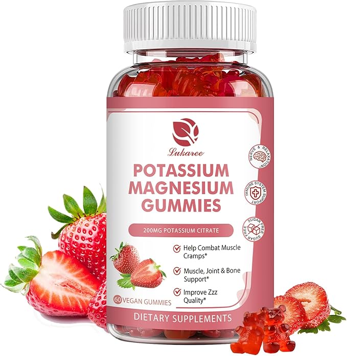 Potassium Magnesium Gummies - High Absorption Magnesium Glycinate 500mg & Potassium Citrate 200mg Plus Omega 3, B6, D3, K2 & Calcium - Chewable Gummy for Leg Cramps, Immunity & Energy - 60 Count
