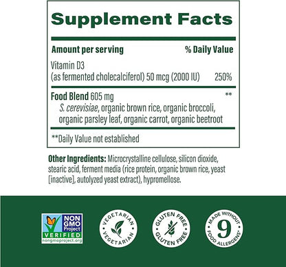 MegaFood Vitamin D3 2000 IU (50 mcg) - Vitamin D Supplements With Real Food, Immune Support, Supports Bones, Teeth & Muscles, Vegetarian, Certified Non-GMO, Kosher – 90 Tablets, 90 Servings