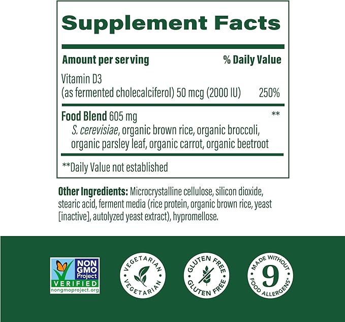 MegaFood Vitamin D3 2000 IU (50 mcg) - Vitamin D Supplements with Real Food, Immune Support, Supports Bones, Teeth & Muscles, Vegetarian, Certified Non-GMO, Kosher – 30 Tablets, 30 Servings