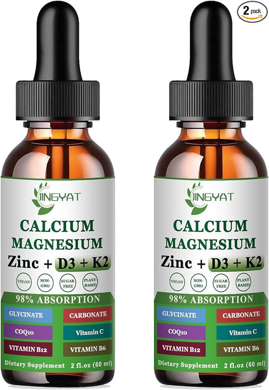 Calcium Magnesium Zinc Liquid Drops, Liquid Magnesium Glycinate 500mg Calcium 1000mg with Vitamin D3,K2,B6,B12,Coq10,6X Stronger Than Gummies Capsules (2 Pack)