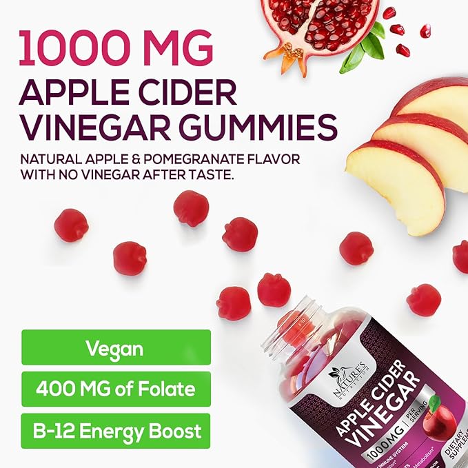 Nature's Nutrition Apple Vinegar Gummy for Weight Loss 1000mg - Vegan Apple Cider Vinegar Gummies for Detox & Cleanse, ACV Supplement Pills, Vitamin B12, Beetroot & Pomegranate, Non-GMO - 120 Gummies