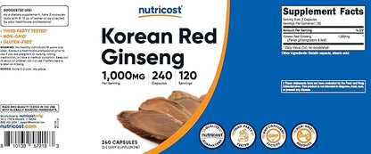 Nutricost Korean Ginseng 1000mg Serving, 240 Capsules - 1000mg Potent Serving Size, 500mg Per Capsule - Korean Red Ginseng - Gluten Free & Non-GMO