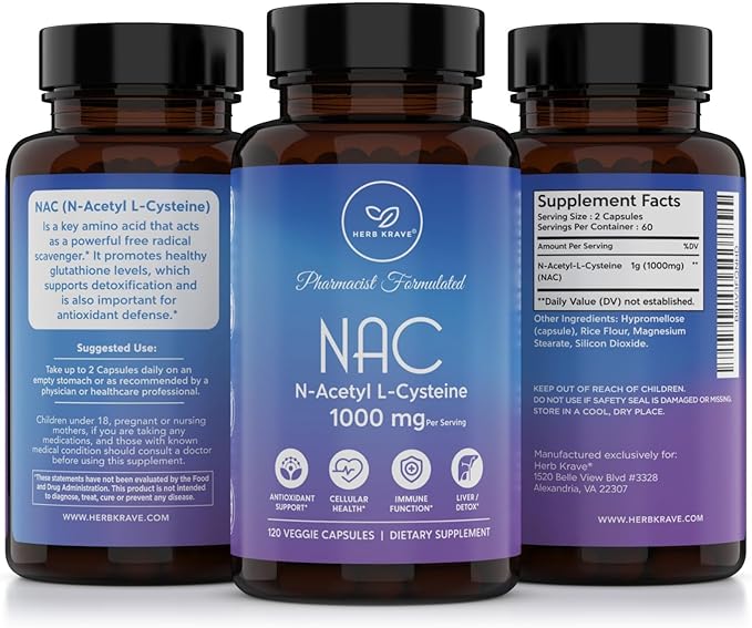 NAC Supplement N-Acetyl Cysteine 1000 mg, Amino Acid, Natural Antioxidant, Support for Liver, Lung, Immune System, Fertility | 120 N-Acetyl-L-Cysteine Capsule
