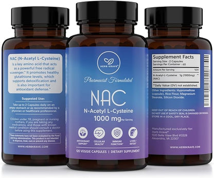 NAC Supplement N-Acetyl Cysteine 1000 mg, Amino Acid, Natural Antioxidant, Support for Liver, Lung, Immune System, Fertility | 120 N-Acetyl-L-Cysteine Capsule