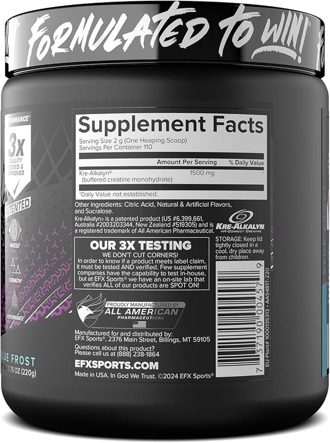 EFX Sports Kre-Alkalyn EFX Powder | pH Correct Creatine Monohydrate Powder Supplement | Strength, Muscle Growth & Performance | 110 Servings (Blue Frost)