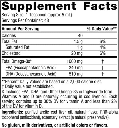 Nordic Naturals Arctic Cod Liver Oil, Lemon - 8 oz - 1060 mg Total Omega-3s with EPA & DHA - Heart & Brain Health, Healthy Immunity, Overall Wellness - Non-GMO - 48 Servings
