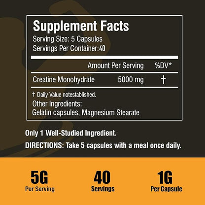 Micronized Creatine Monohydrate Capsules, Creatine Capsules Supplement for Muscle, Strength, Performance, Energy, Recovery, Gluten Free Creatine for Women and Men, 200Capsules (40 Servings)
