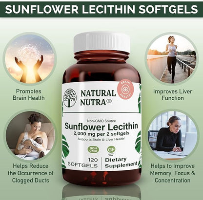Natural Nutra Sunflower Lecithin 2000 mg Supplement – Soy Free, Non-GMO, Gluten-Free 120 Softgels (2 Pack) | Liver Function Support, Brain Health Booster, Memory & Focus Enhancement