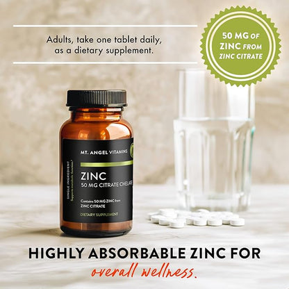 Mt. Angel Vitamins - Zinc Citrate 50mg - Zinc 50 mg Citrate Chelate - Natural Zinc Supplements Made in USA - 60 Vegetarian Tablets