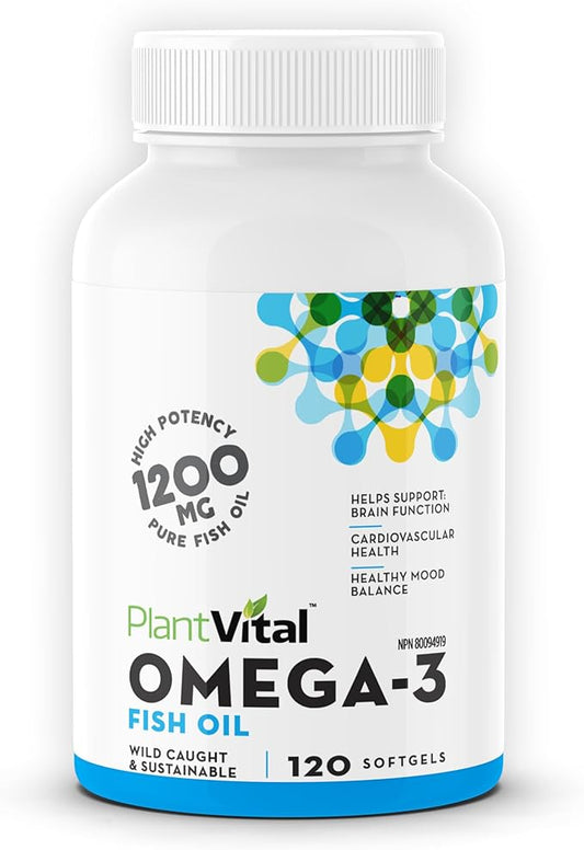 Plantvital Omega 3 Capsules- Pure Norwegian Omega 3 Fish Oil Supplements - Triple Strength- No Fish Flavor- Molecularly Distilled- Cognitive, Joint, Eye, Hair and Heart Health support-120 Capsules