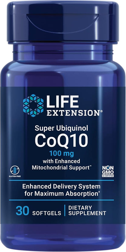 Life Extension Super Ubiquinol CoQ10 with Enhanced Mitochondrial Support™, Heart Health Supplement, Maximum Absorption, 100 mg, Non-GMO, Gluten-Free, 30 softgels