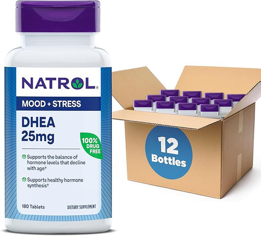 Natrol Mood & Stress DHEA 25mg with Calcium, Dietary Supplement for Balance of Certain Hormone Level and Mood Support, 180 Tablets, 180 Day Supply (Pack of 12)