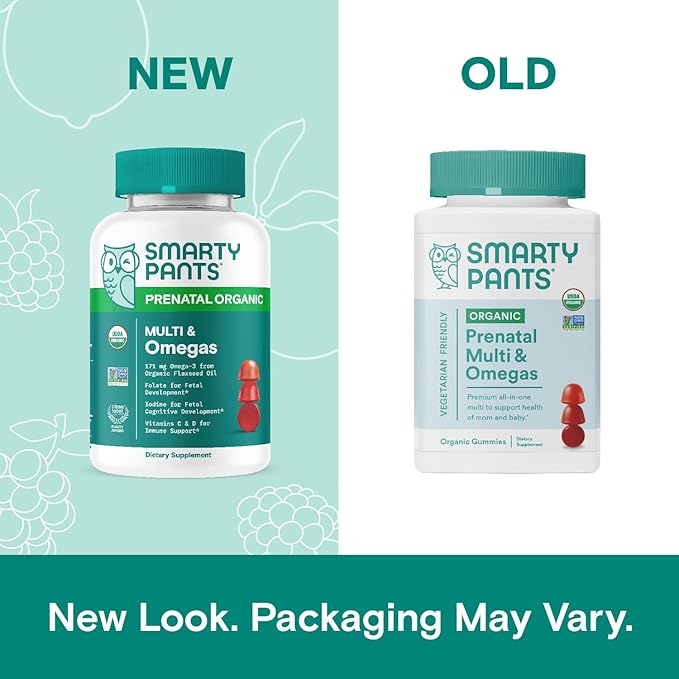 SmartyPants Organic Prenatal Vitamins for Women, Multivitamin Gummies: Biotin, Methylfolate, Omega 3 (ALA), Vitamin D3, C, Vitamin B12, B6, Vitamin A, K2 & Zinc, Vegetarian, 120 Count (30 Day Supply)