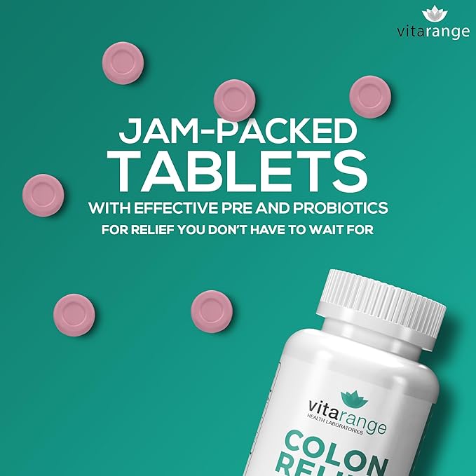Colon Relief by VitaRange- Fast Constipation and Bloating Relief with Sunfiber Prebiotic Fiber and Pre + Probiotics for Digestive Health - 60 Chewable Strawberry Tablets – Doctor Formulated Probiotics