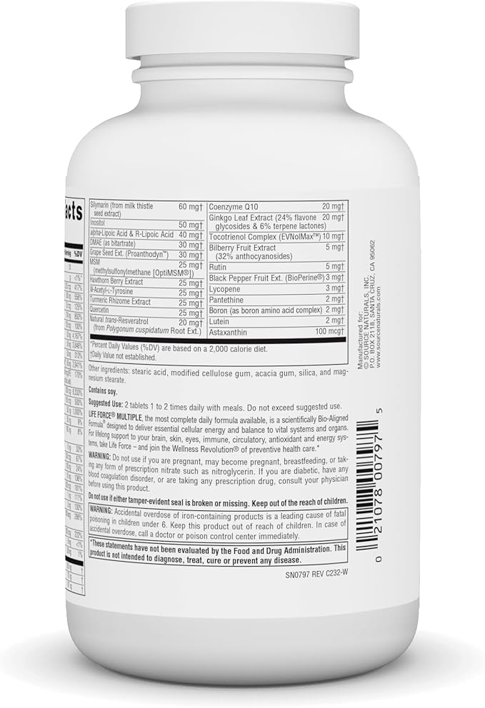 Source Naturals Life Force Multiple Daily Multivitamin High Potency Essential Vitamins, Minerals, Antioxidants & Nutrients - Energy & Immune Boost - 120 Tablets