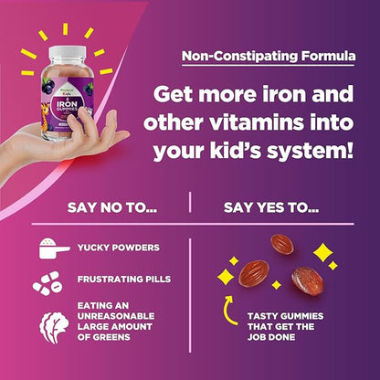 Multivitamin with Iron Gummies for Kids - Chewable Iron Gummy Vitamins for Kids Focus Aid and Natural Energy Supplement - Kids Gummy Vitamins with Iron for Immune Support Mental Clarity and Focus