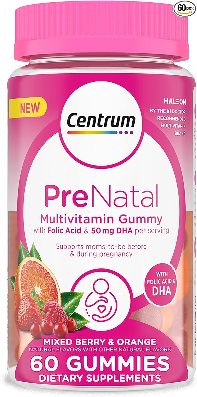 Centrum Prenatal Multivitamin Gummies with DHA and Folic Acid, Mixed Berry and Orange Flavors - 60 Count, 30 Day Supply