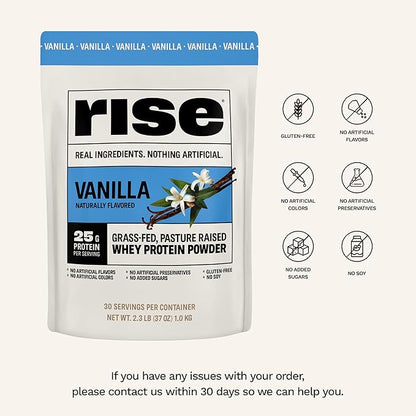 Rise Grass-Fed Whey Protein Powder - Vanilla | 25g Protein No Artificial Flavors, Colors, or Preservatives - Sugar Free, Gluten-Free, Soy Free (2.3 lbs)