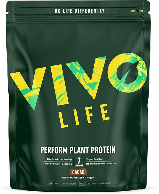 Vivo life Perform Plant Protein Powder - Raw Cacao, Vegan, 7 Servings - 266g / 9.38oz, BCAA Pea & Hemp Blend